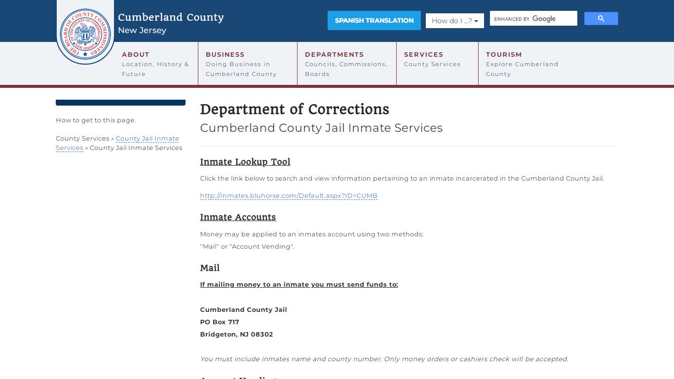 County Jail Inmate Services - Cumberland County, New Jersey (NJ)